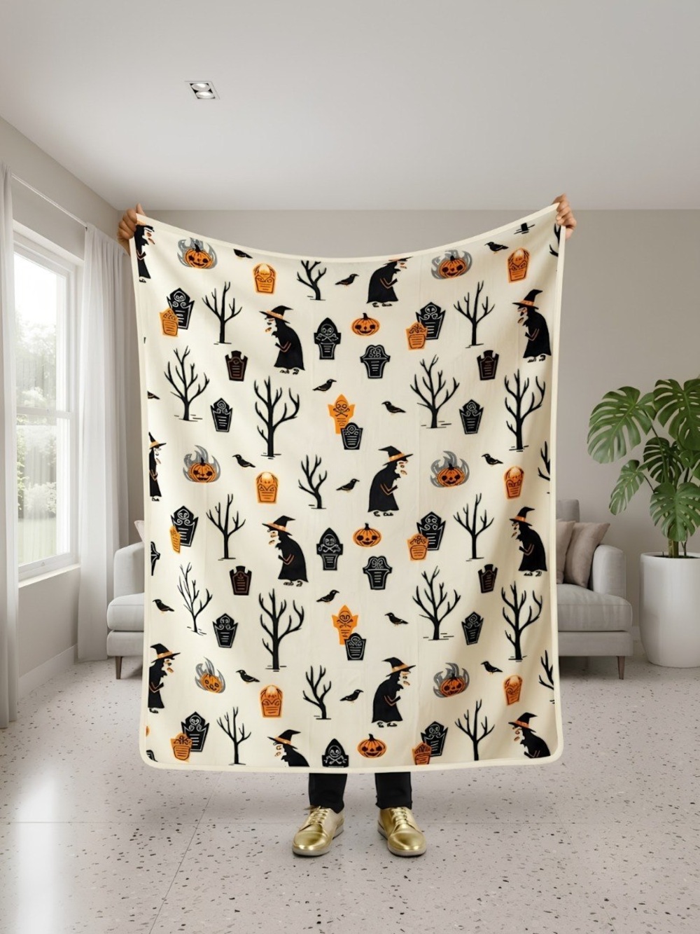 Halloween Ghostly Trees Fleece Throw Blanket - Cream & Black